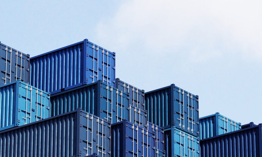 Images of blue shipping containers stacked on each other