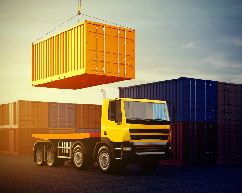 3d illustration of orange truck on background of stack of freight containers
